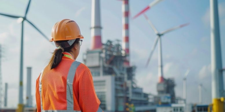 mujer con molinos eólicos para eficiencia energética